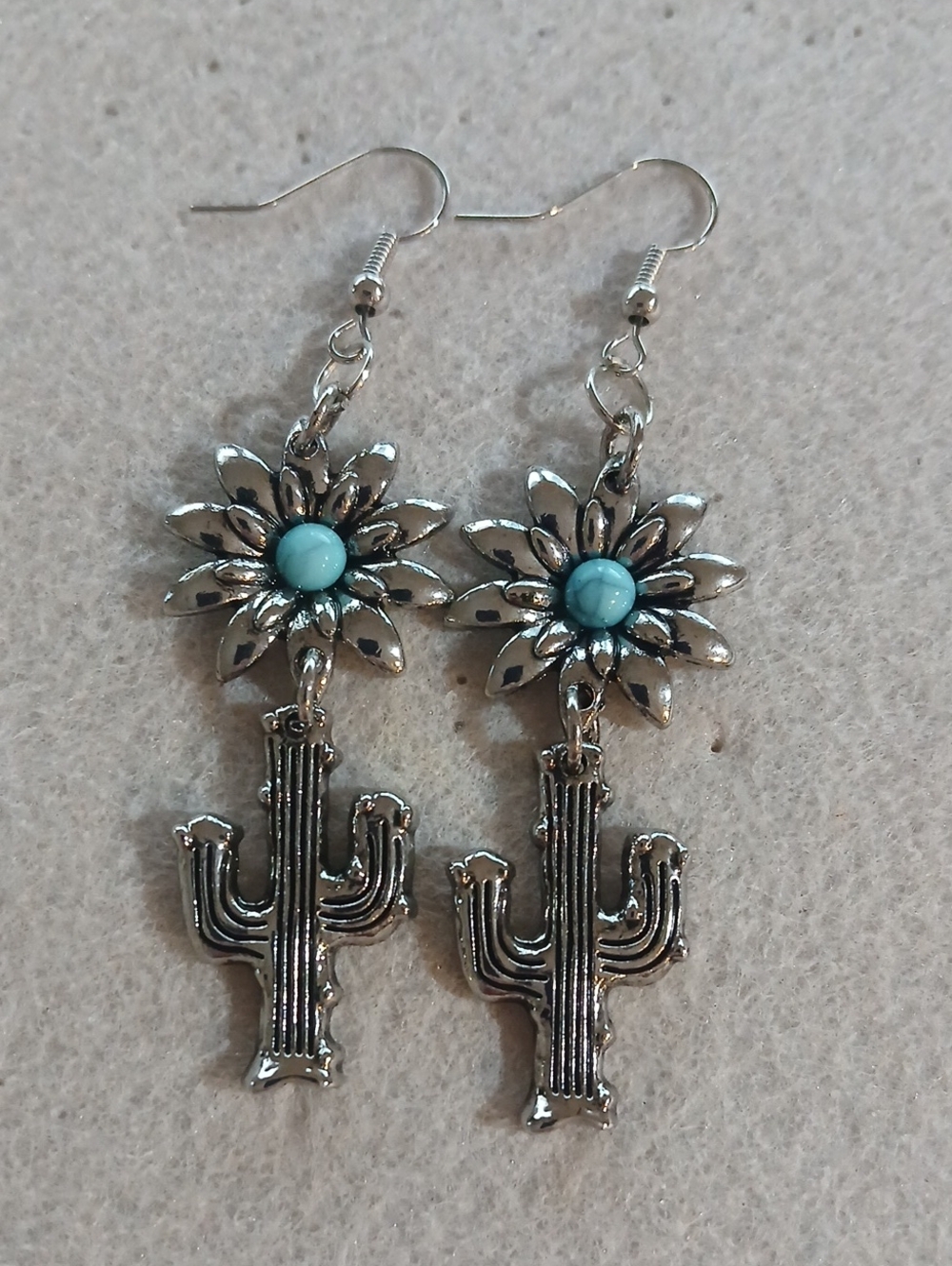 238- Silver tone Cactus Drop Earrings with Turquoise style Accent